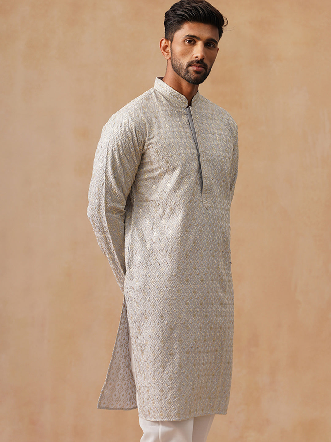 Men’s Festive Kurta with Intricate Embroidery ( KO 5293 Grey )