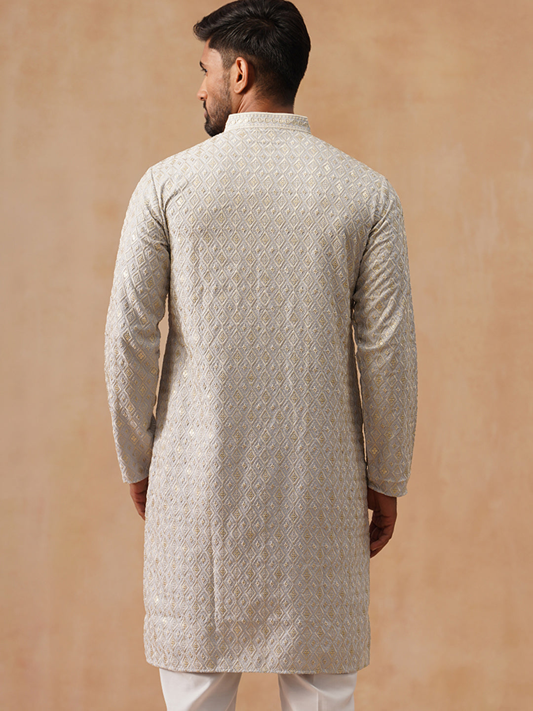 Men’s Festive Kurta with Intricate Embroidery ( KO 5293 Grey )