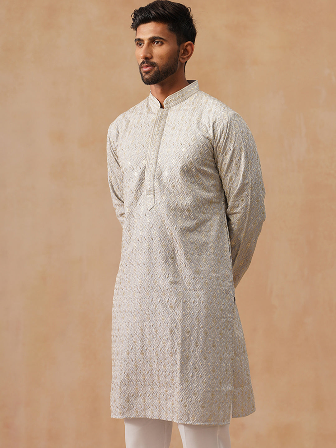 Men’s Festive Kurta with Intricate Embroidery ( KO 5293 Grey )