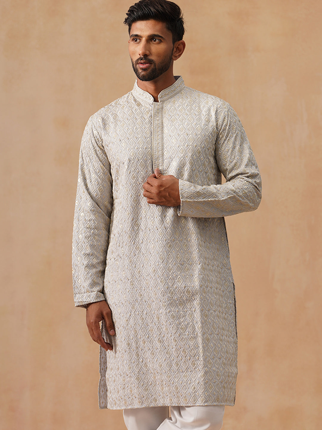 Men’s Festive Kurta with Intricate Embroidery ( KO 5293 Grey )