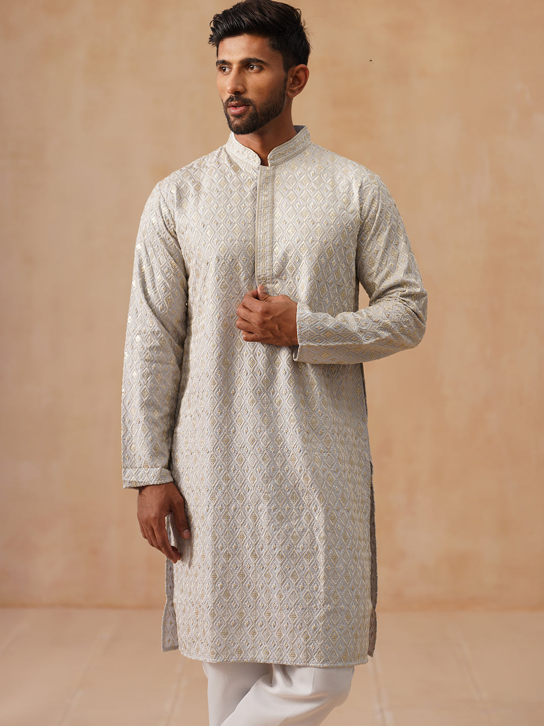 Men’s Festive Kurta with Intricate Embroidery ( KO 5293 Grey )