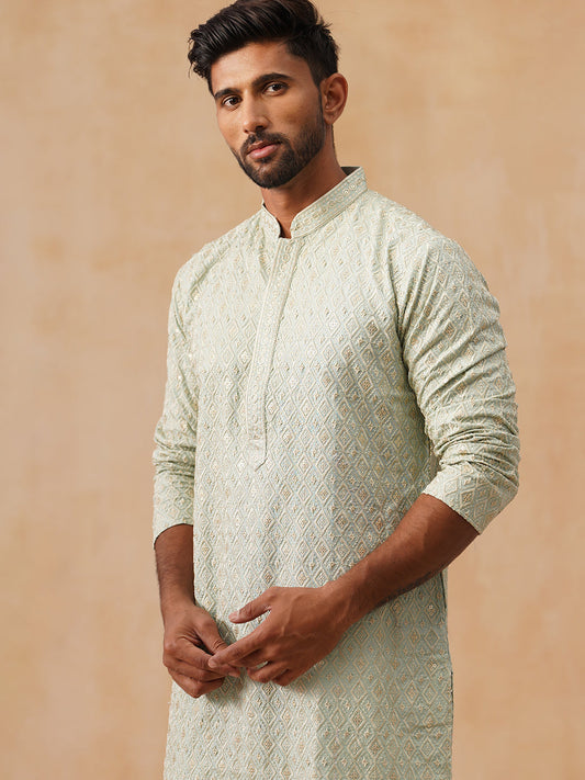 Men’s Festive Kurta with Intricate Embroidery ( KO 5293 Green )