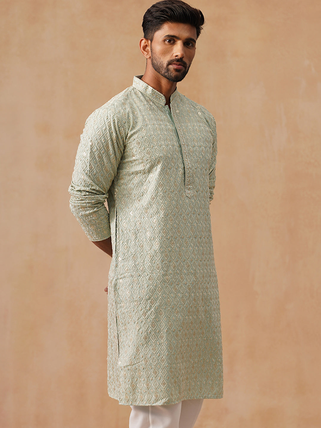 Men’s Festive Kurta with Intricate Embroidery ( KO 5293 Green )