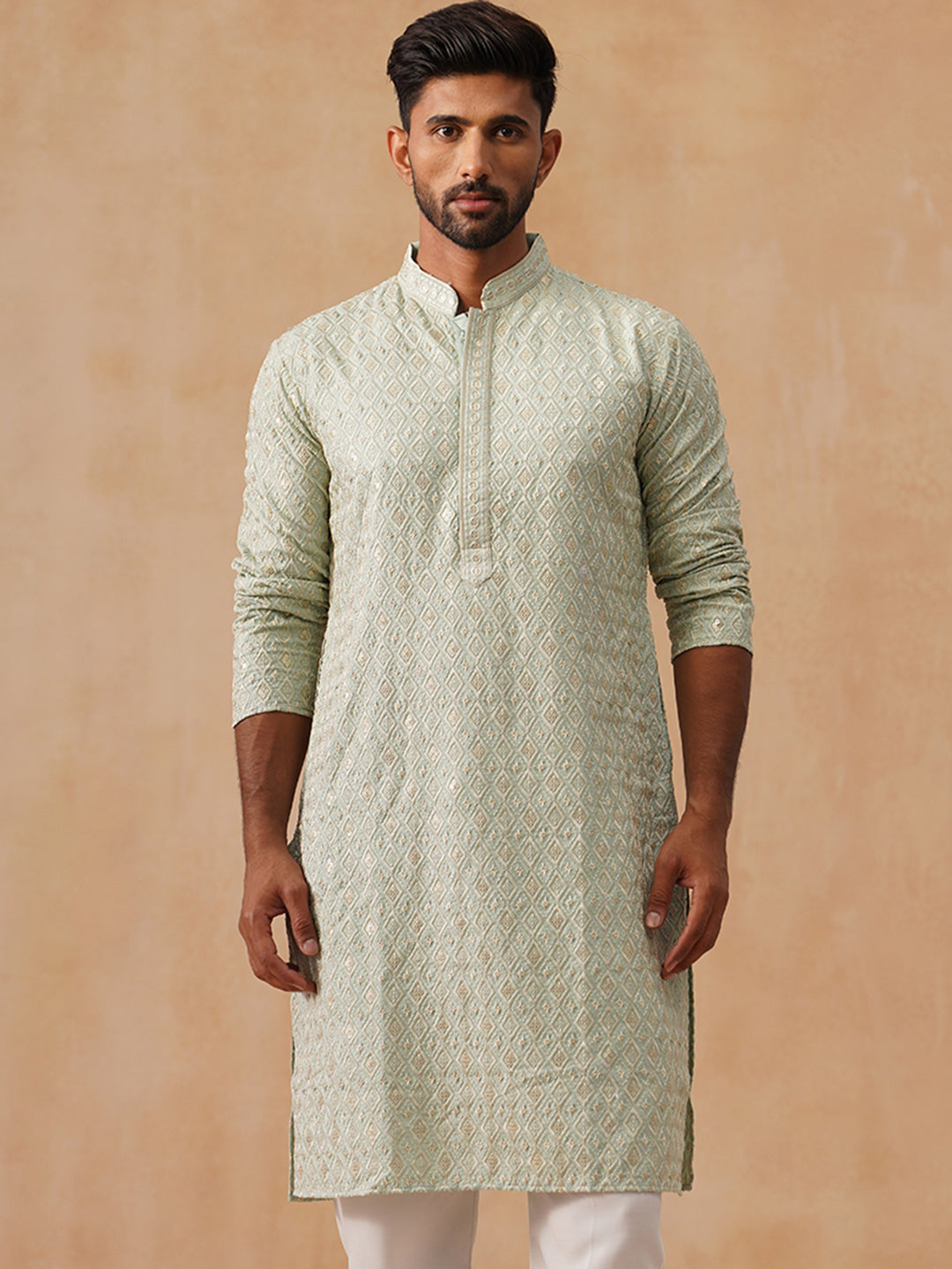 Men’s Festive Kurta with Intricate Embroidery ( KO 5293 Green )