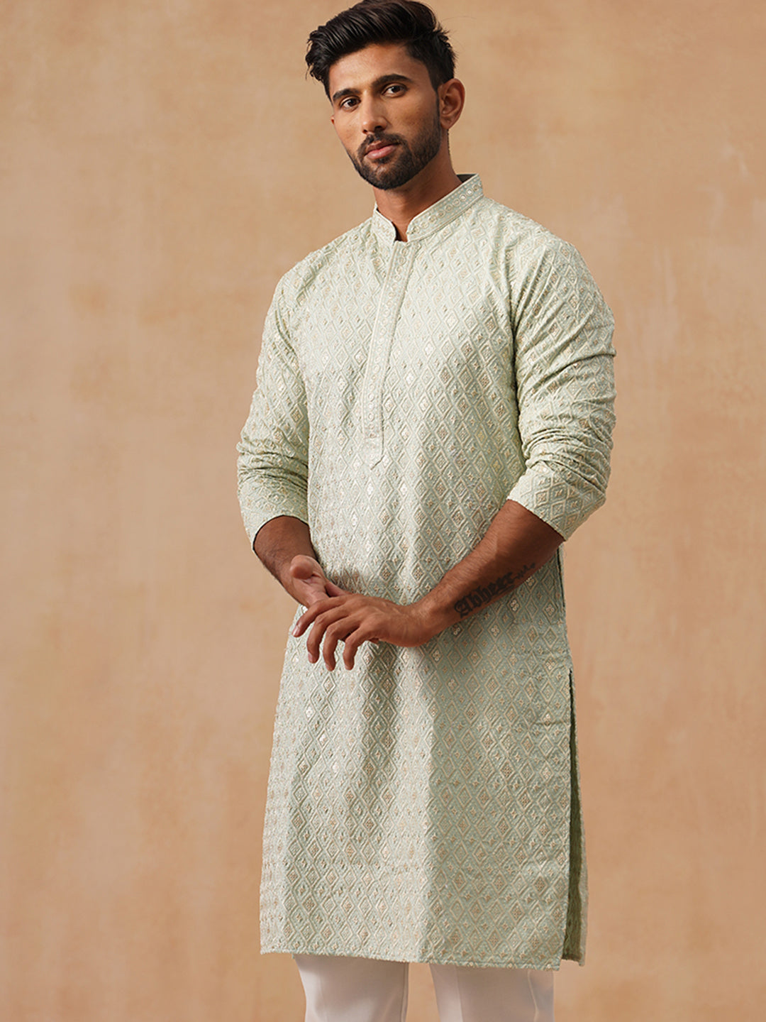 Men’s Festive Kurta with Intricate Embroidery ( KO 5293 Green )