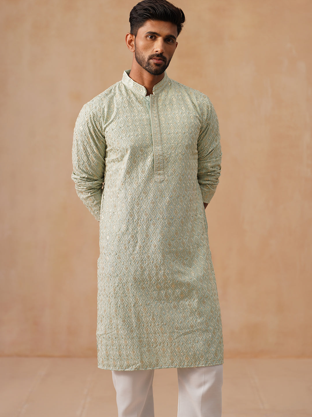 Men’s Festive Kurta with Intricate Embroidery ( KO 5293 Green )