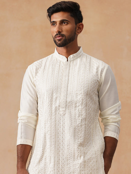 Embroidered Silk Blend Kurtas ( KO 5294 White )