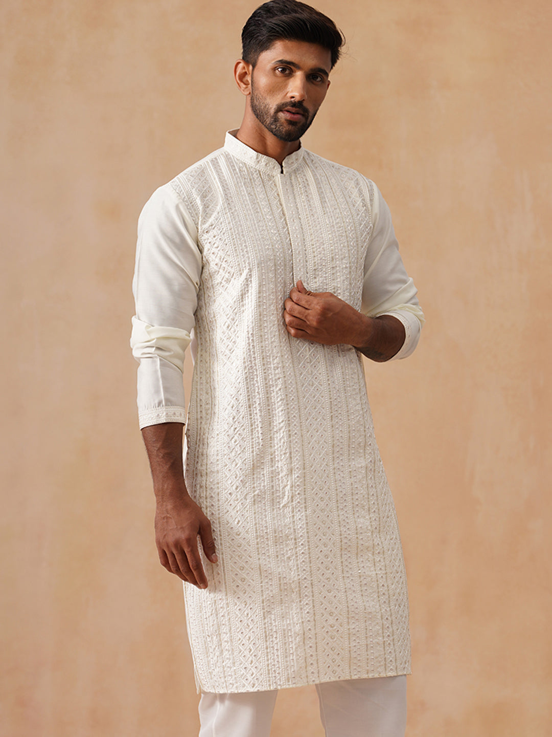 Embroidered Silk Blend Kurtas ( KO 5294 White )