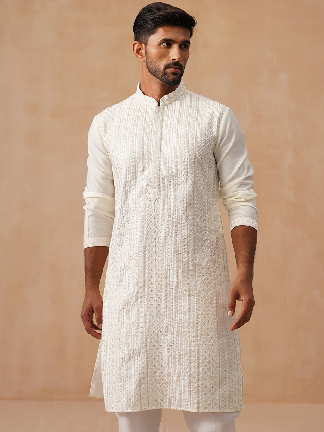 Embroidered Silk Blend Kurtas ( KO 5294 White )