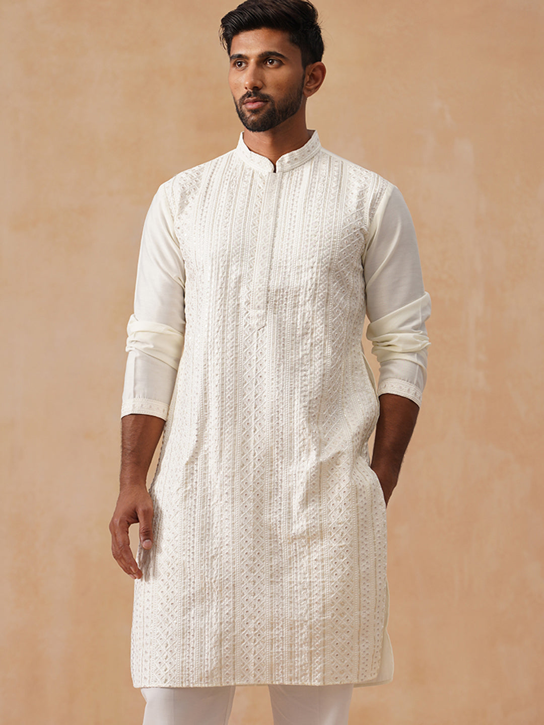 Embroidered Silk Blend Kurtas ( KO 5294 White )