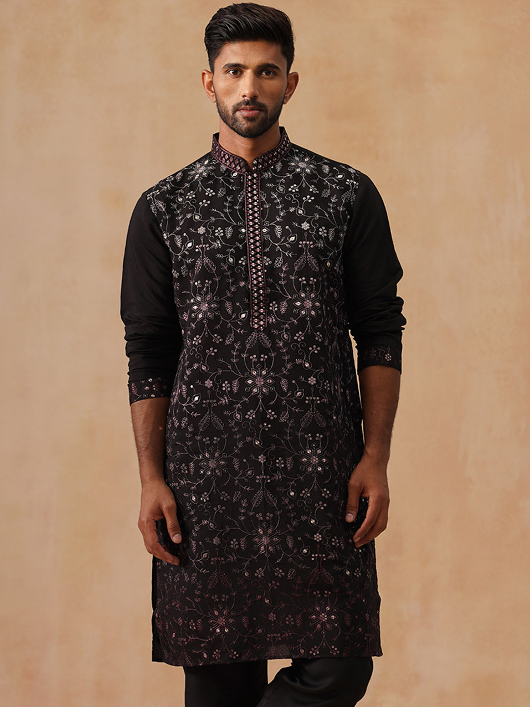 Men’s Silk Blend Embroidered Kurtas ( KO 5296 Magenta )