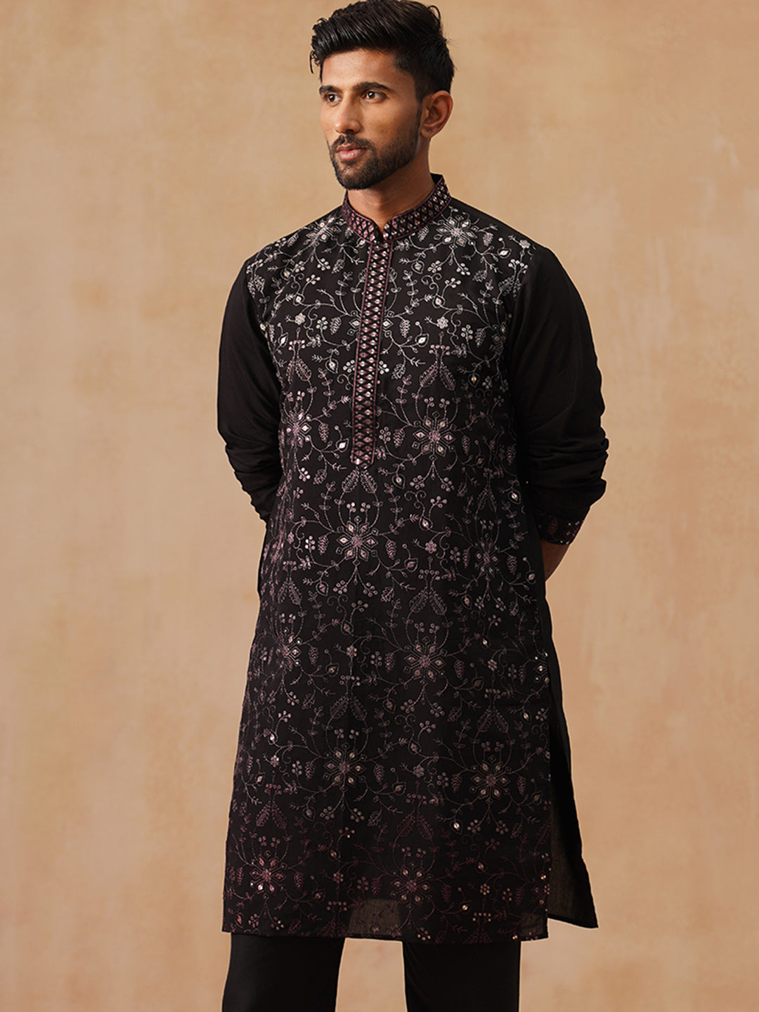 Men’s Silk Blend Embroidered Kurtas ( KO 5296 Magenta )