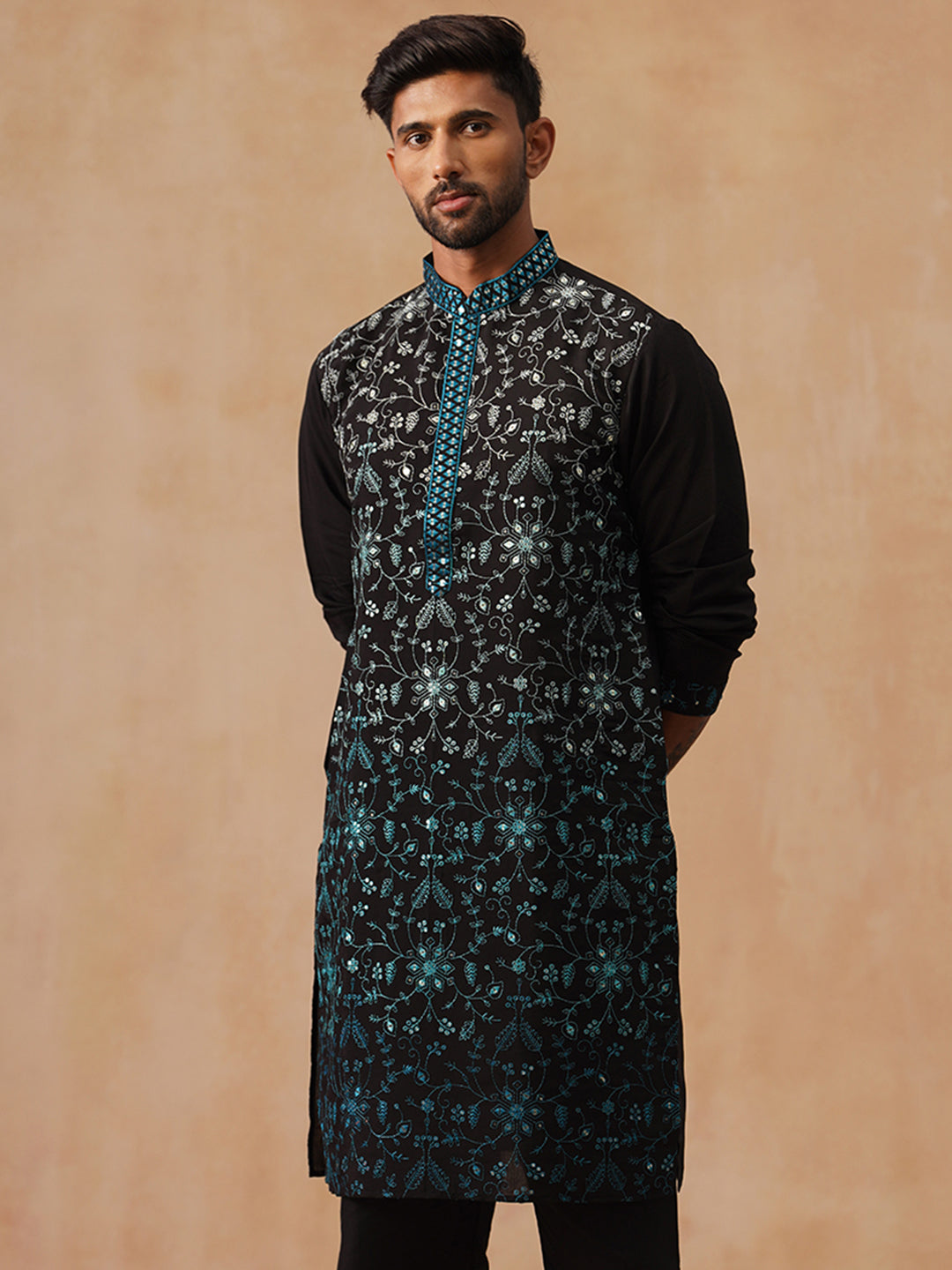 Men’s Silk Blend Embroidered Kurtas ( KO 5296 Peacock )