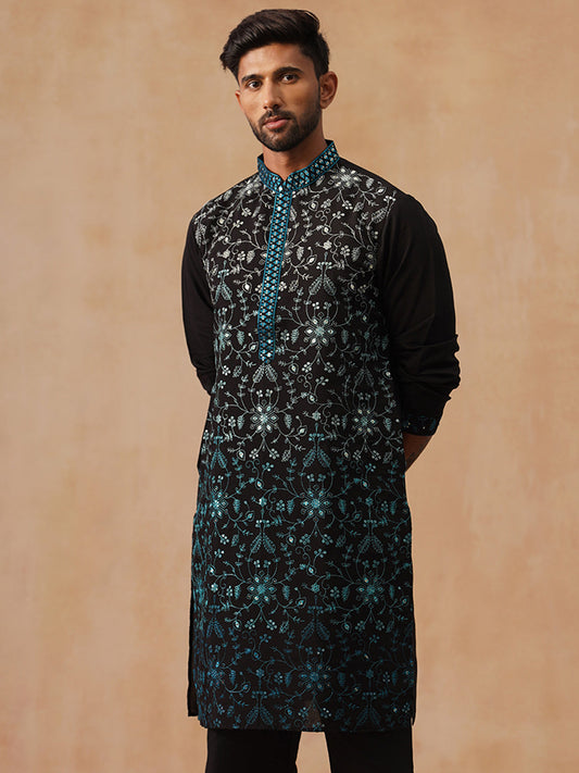 Men’s Silk Blend Embroidered Kurtas ( KO 5296 Peacock )