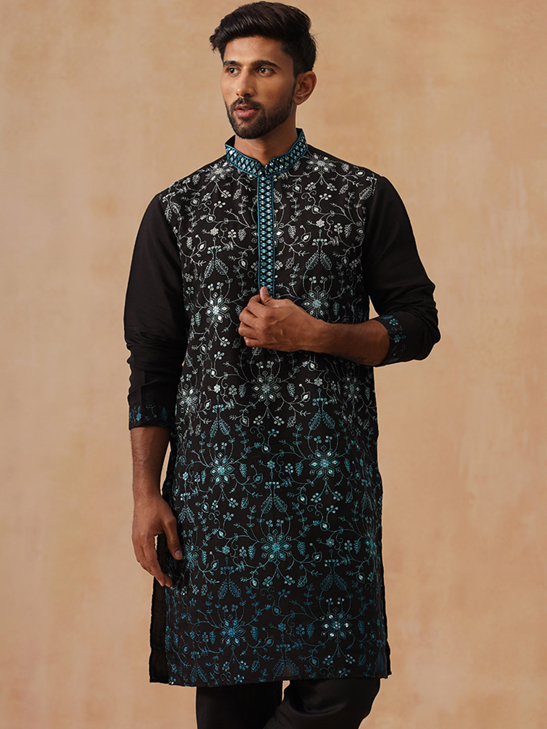 Men’s Silk Blend Embroidered Kurtas ( KO 5296 Peacock )