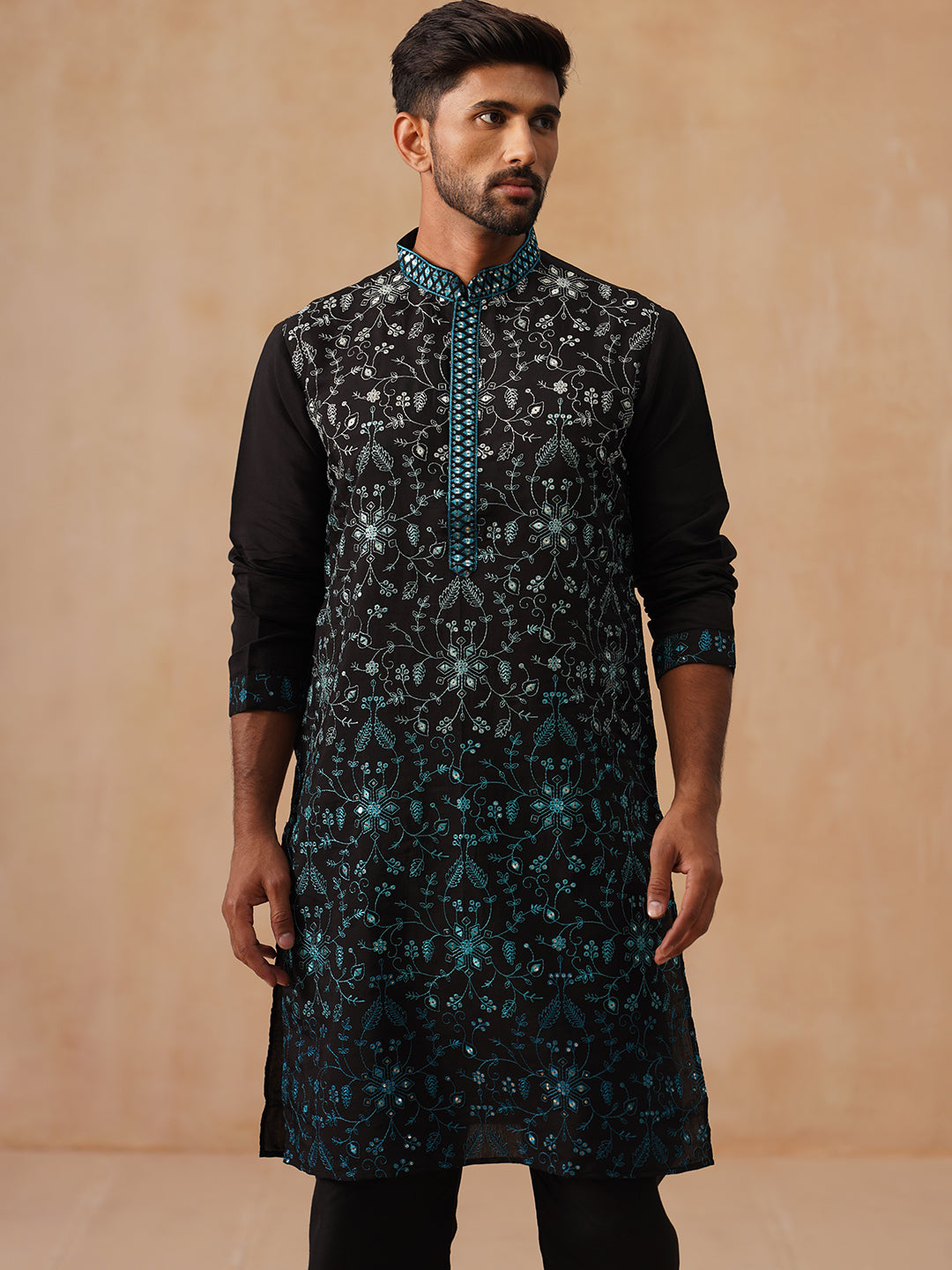 Men’s Silk Blend Embroidered Kurtas ( KO 5296 Peacock )