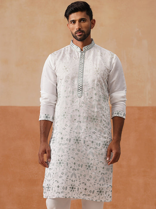 Men’s Silk Blend Embroidered Kurtas ( KO 5296 White )