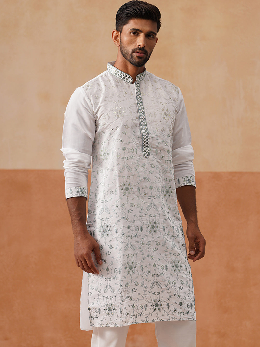 Men’s Silk Blend Embroidered Kurtas ( KO 5296 White )
