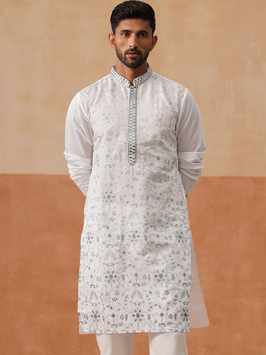 Men’s Silk Blend Embroidered Kurtas ( KO 5296 White )