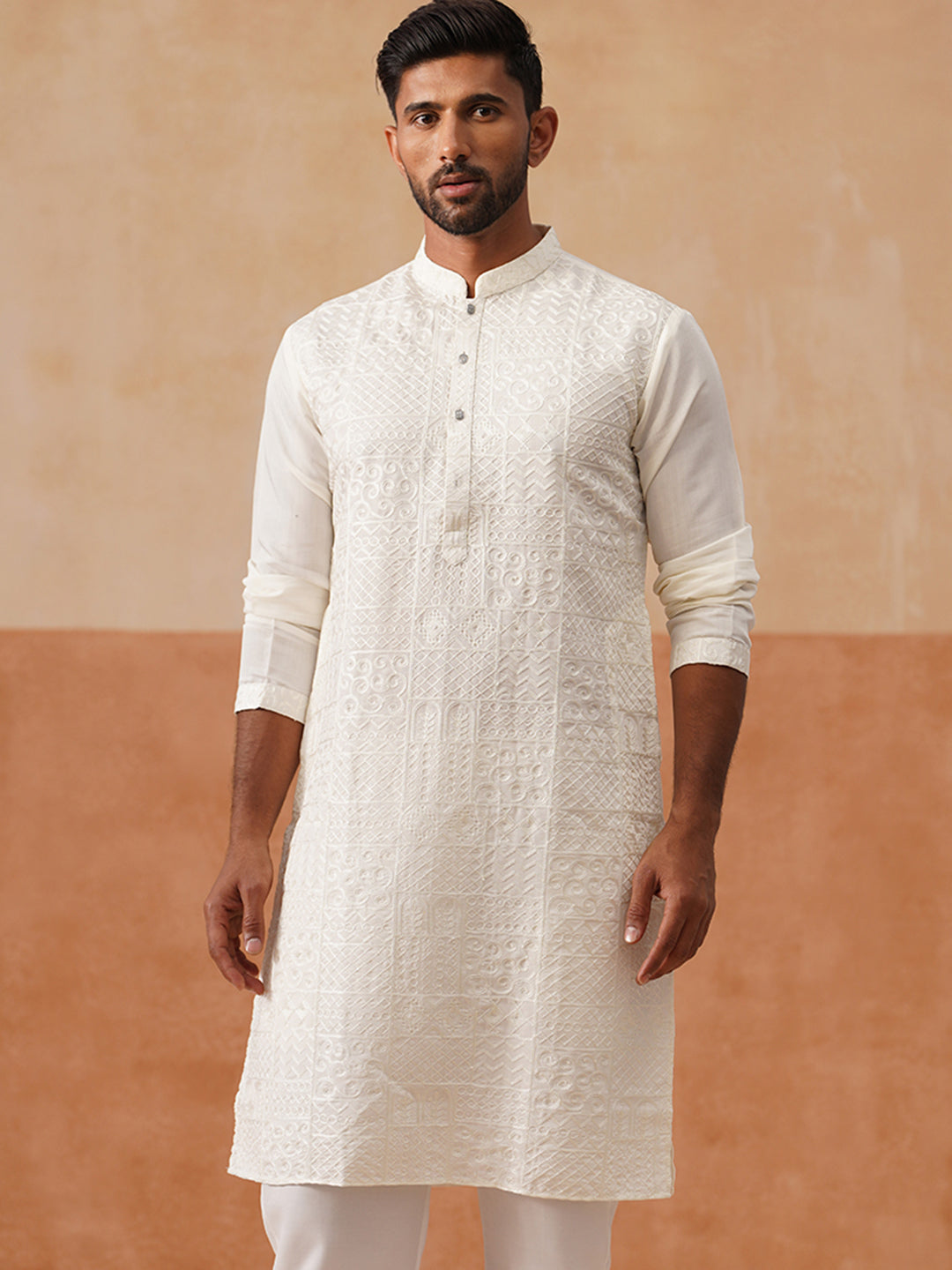 Men’s Silk Blend Embroidered Kurtas ( KO 5297 White )