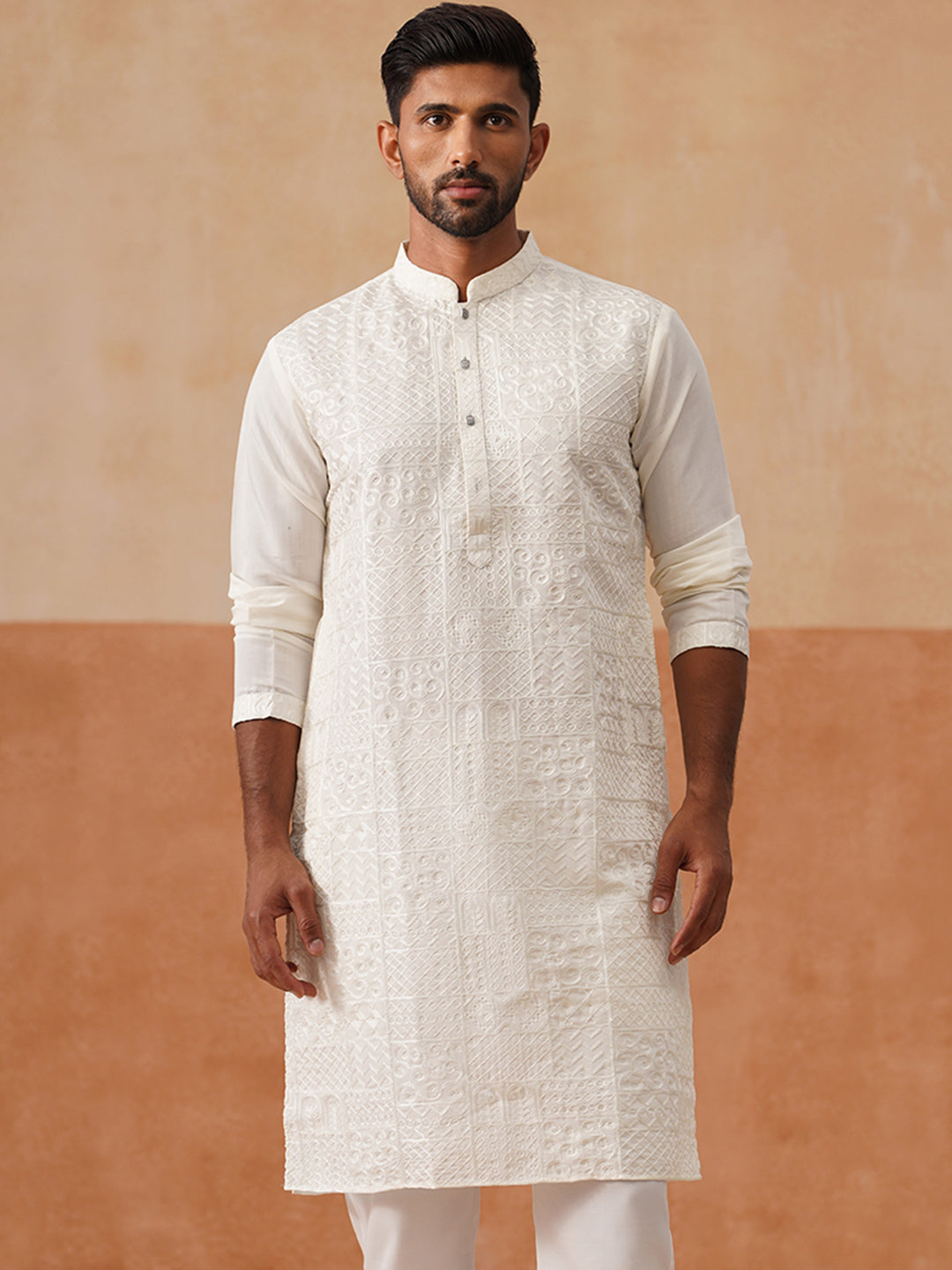 Men’s Silk Blend Embroidered Kurtas ( KO 5297 White )