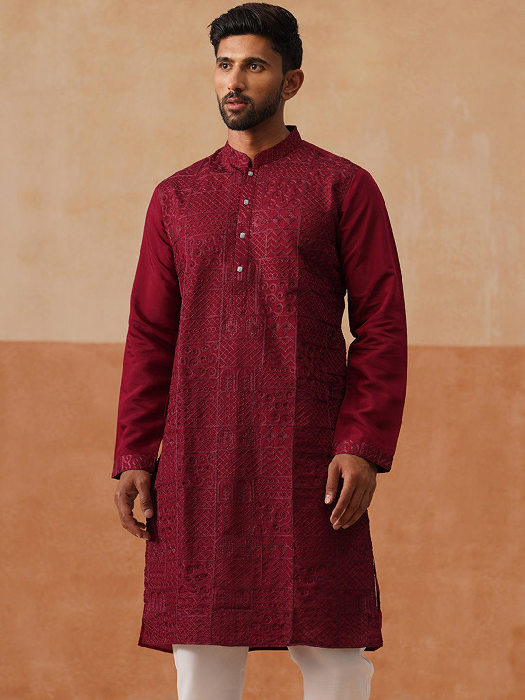 Men’s Silk Blend Embroidered Kurtas ( KO 5297 Wine )
