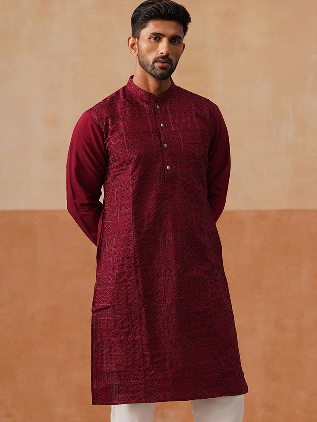 Men’s Silk Blend Embroidered Kurtas ( KO 5297 Wine )