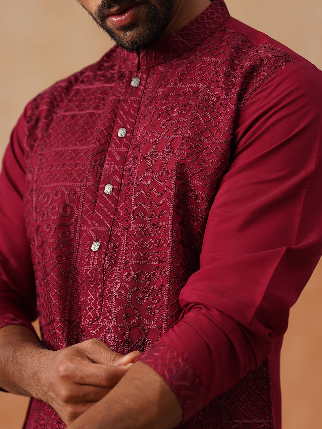 Men’s Silk Blend Embroidered Kurtas ( KO 5297 Wine )