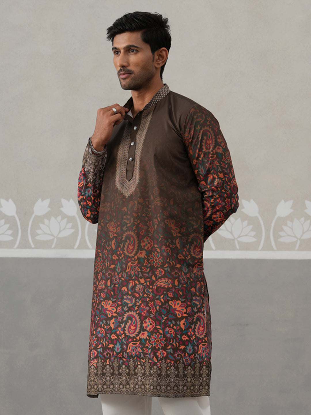 Olive Floral Printed Kurta for Men ( KO 5303 Olive ) [FF] [J-2]