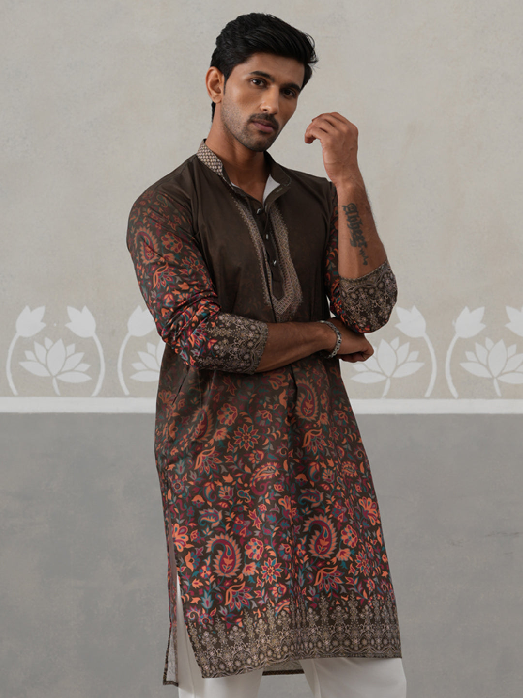 Olive Floral Printed Kurta for Men ( KO 5303 Olive ) [FF] [J-2]