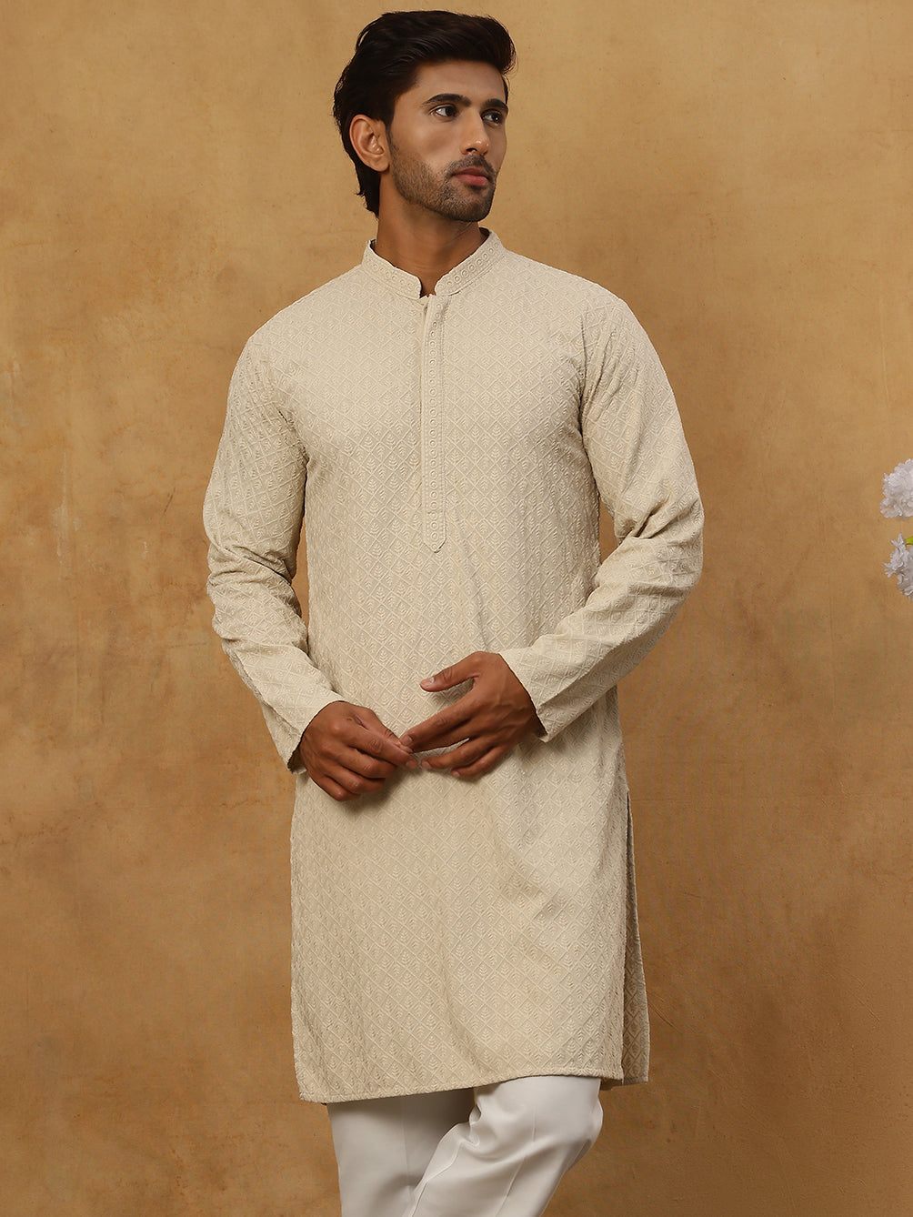 Men Embroidered Viscose Rayon Kurta ( KO 5305Beige )