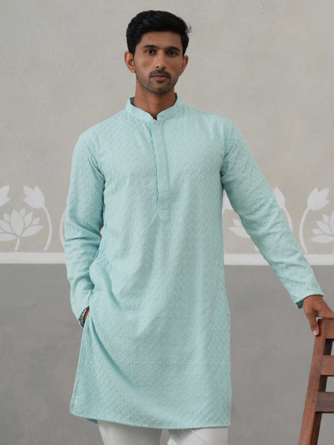 Men Embroidered Viscose Rayon Kurta ( KO 5305 Sky ) [FF] [E-7-8]