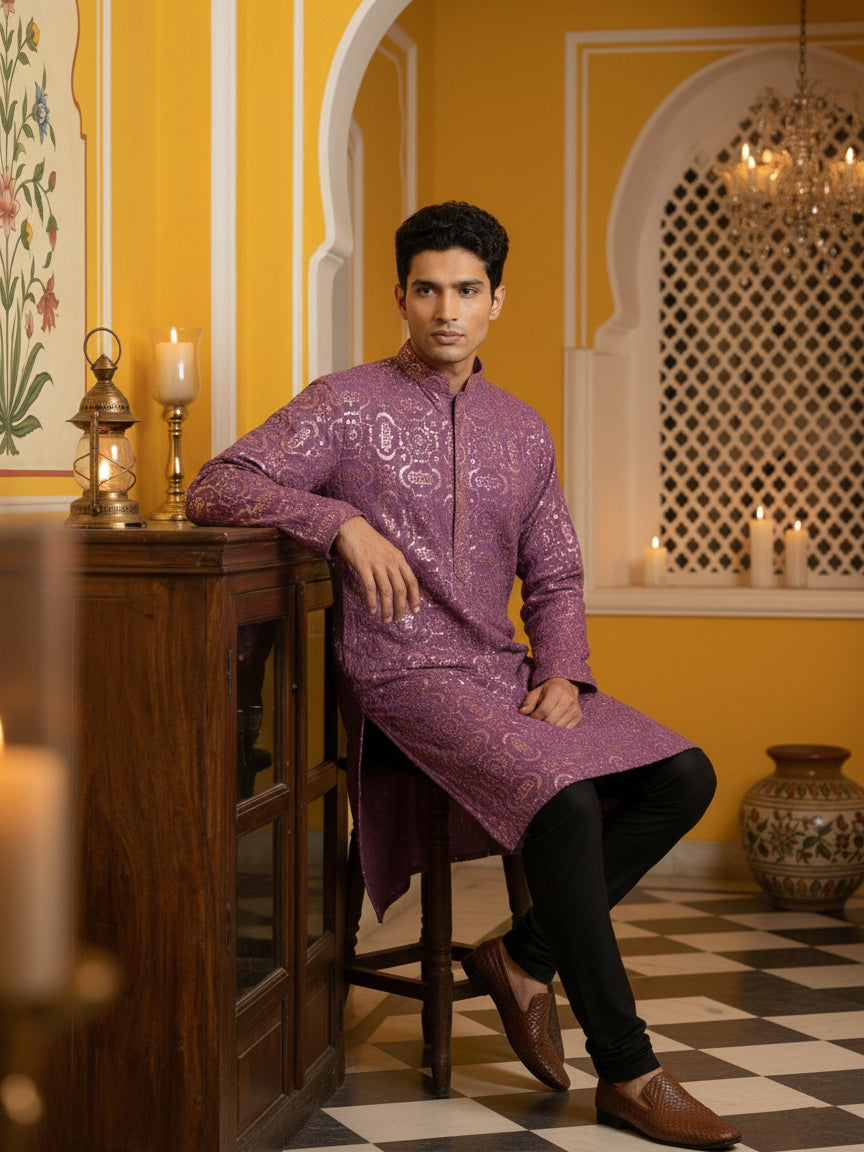 Silk Blend Designer Embroidered Kurta ( KO 5306Purple S ) [FF] [P-17]