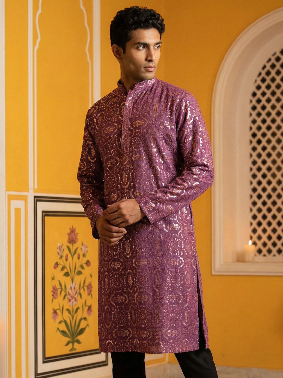 Silk Blend Designer Embroidered Kurta ( KO 5306Purple S ) [FF] [P-17]