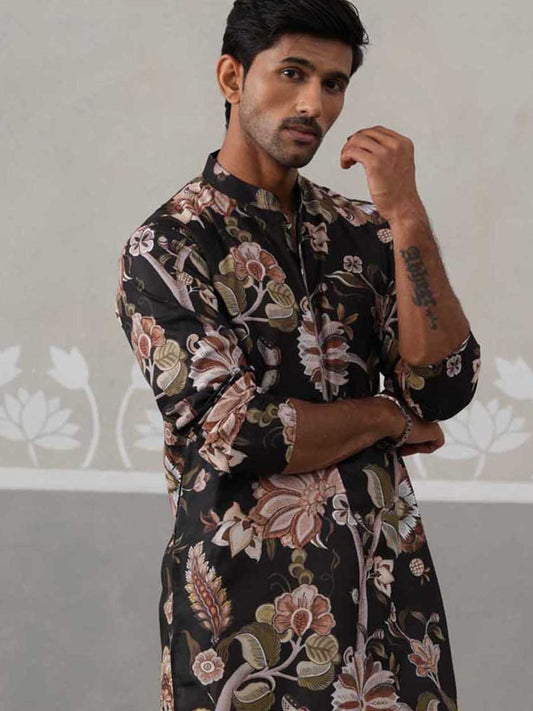 Men's Floral Printed Cotton Straight Kurta (KO 5307 Black ) [FF] [J-1]
