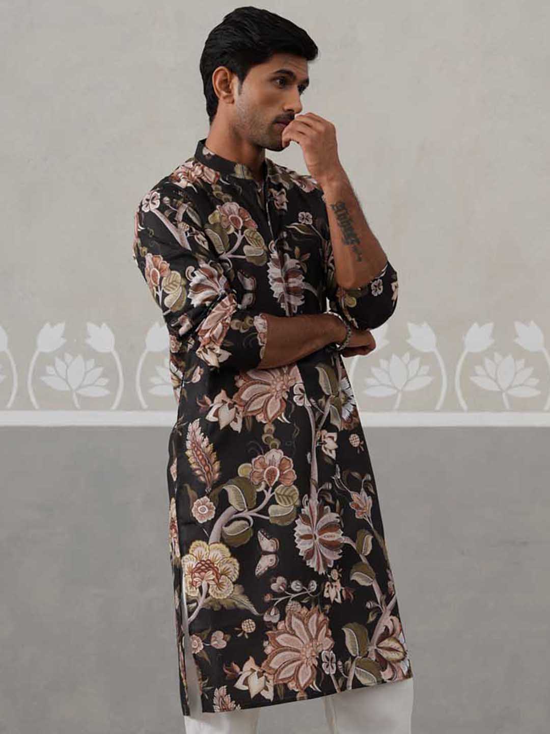 Men's Floral Printed Cotton Straight Kurta (KO 5307 Black ) [FF] [J-1]