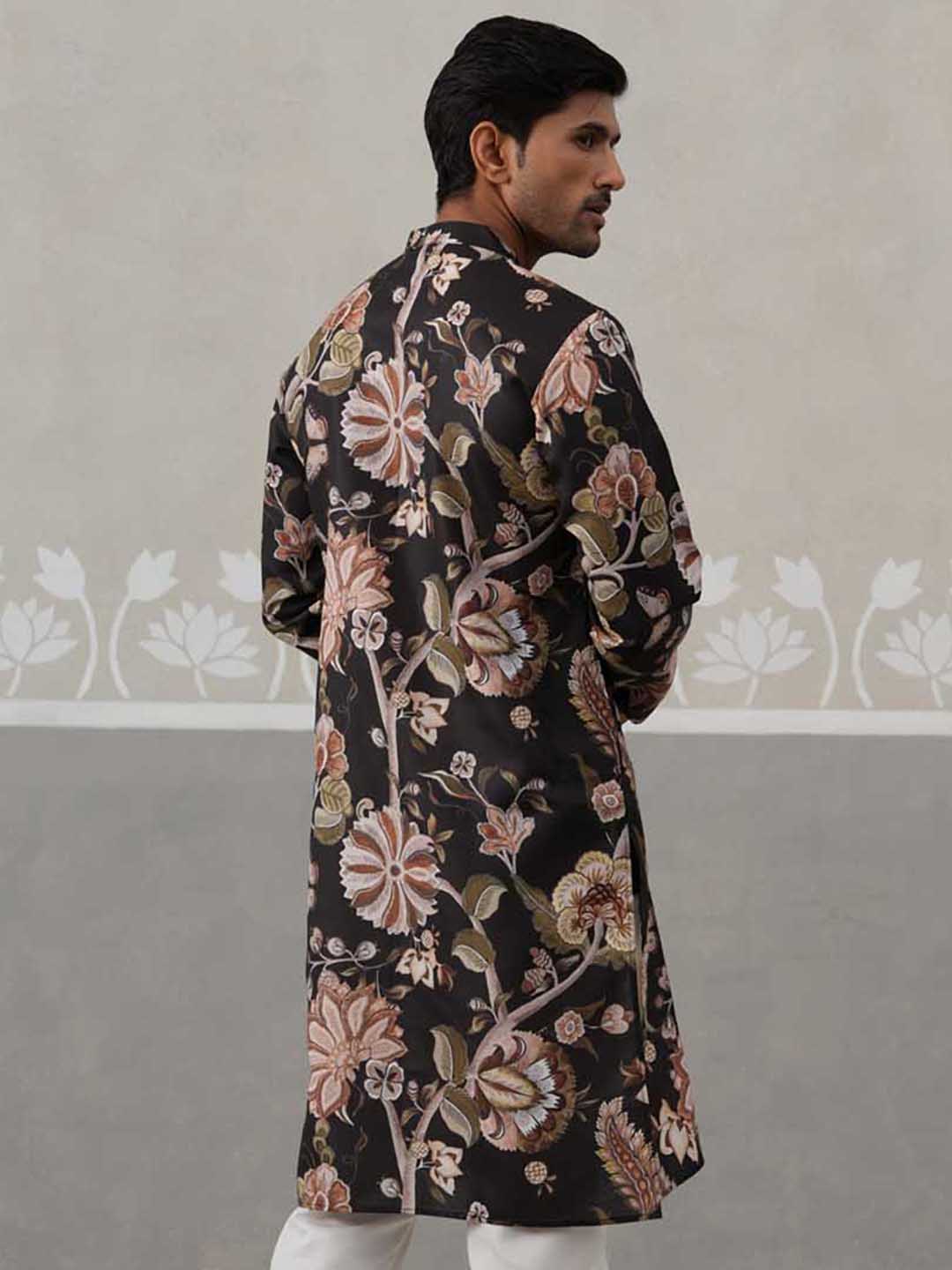 Men's Floral Printed Cotton Straight Kurta (KO 5307 Black ) [FF] [J-1]