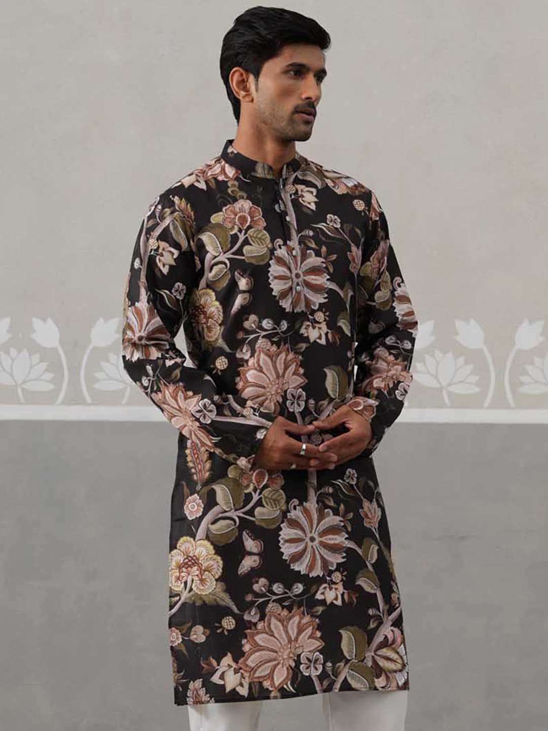 Men's Floral Printed Cotton Straight Kurta (KO 5307 Black ) [FF] [J-1]