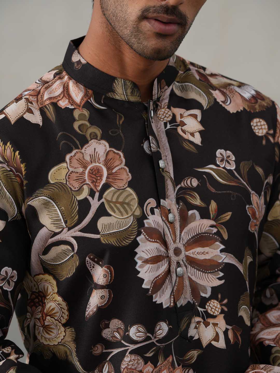 Men's Floral Printed Cotton Straight Kurta (KO 5307 Black ) [FF] [J-1]