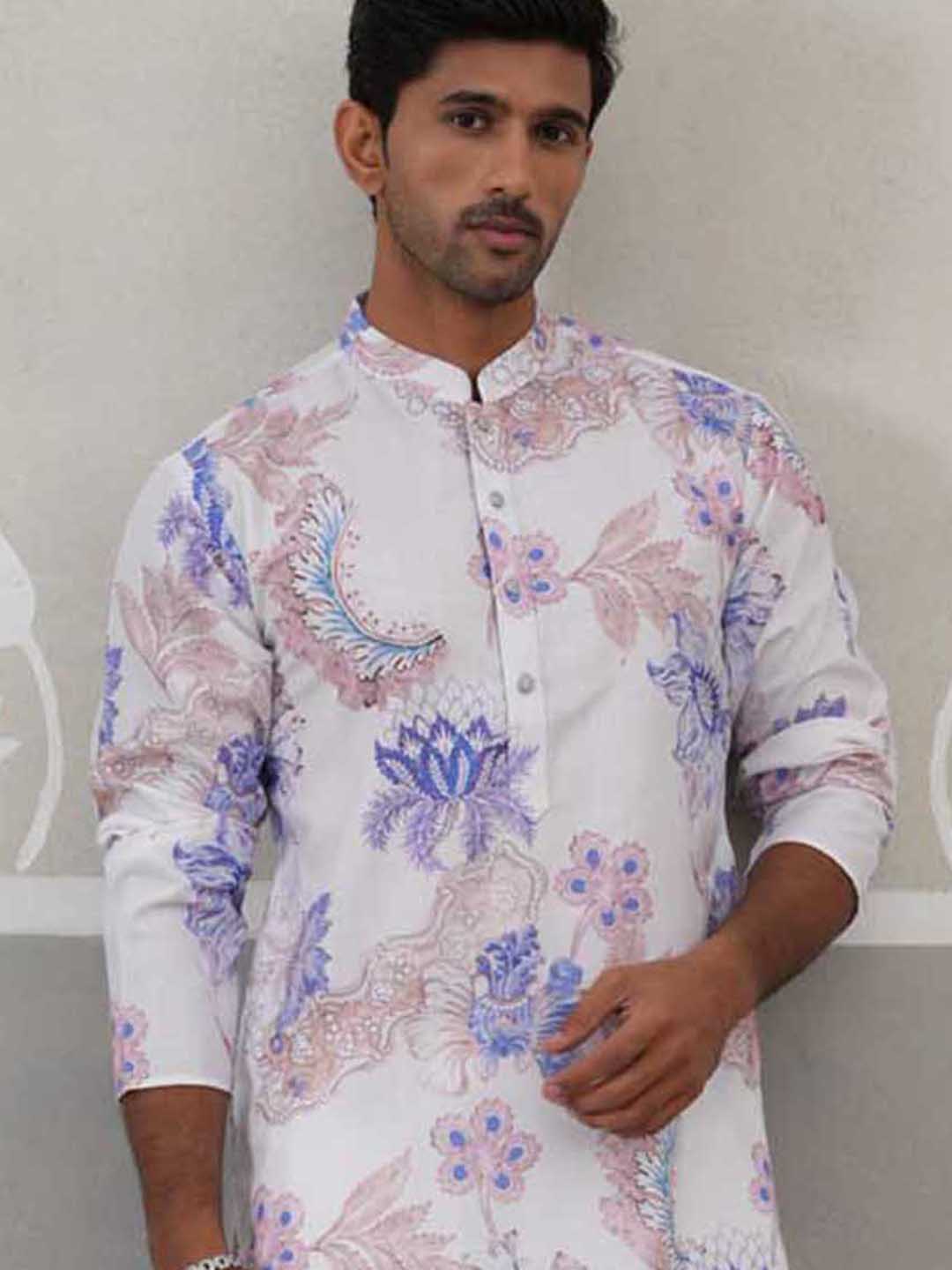 Men's Floral Printed Cotton Straight Kurta (KO 5307 Blue ) [FF] [J-1]