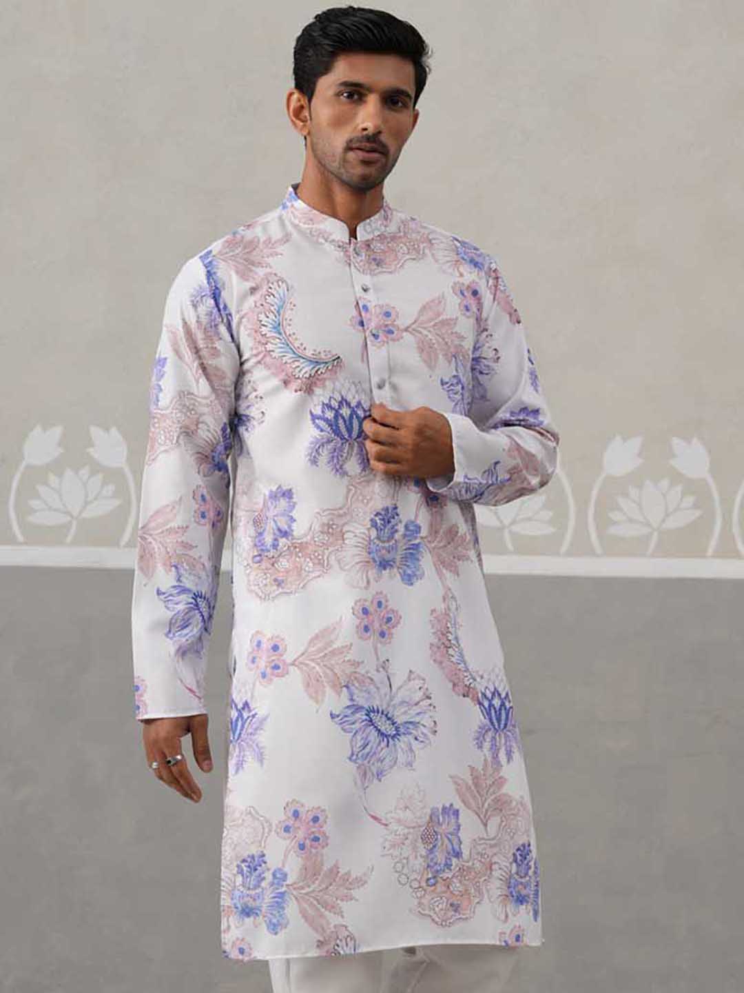 Men's Floral Printed Cotton Straight Kurta (KO 5307 Blue ) [FF] [J-1]