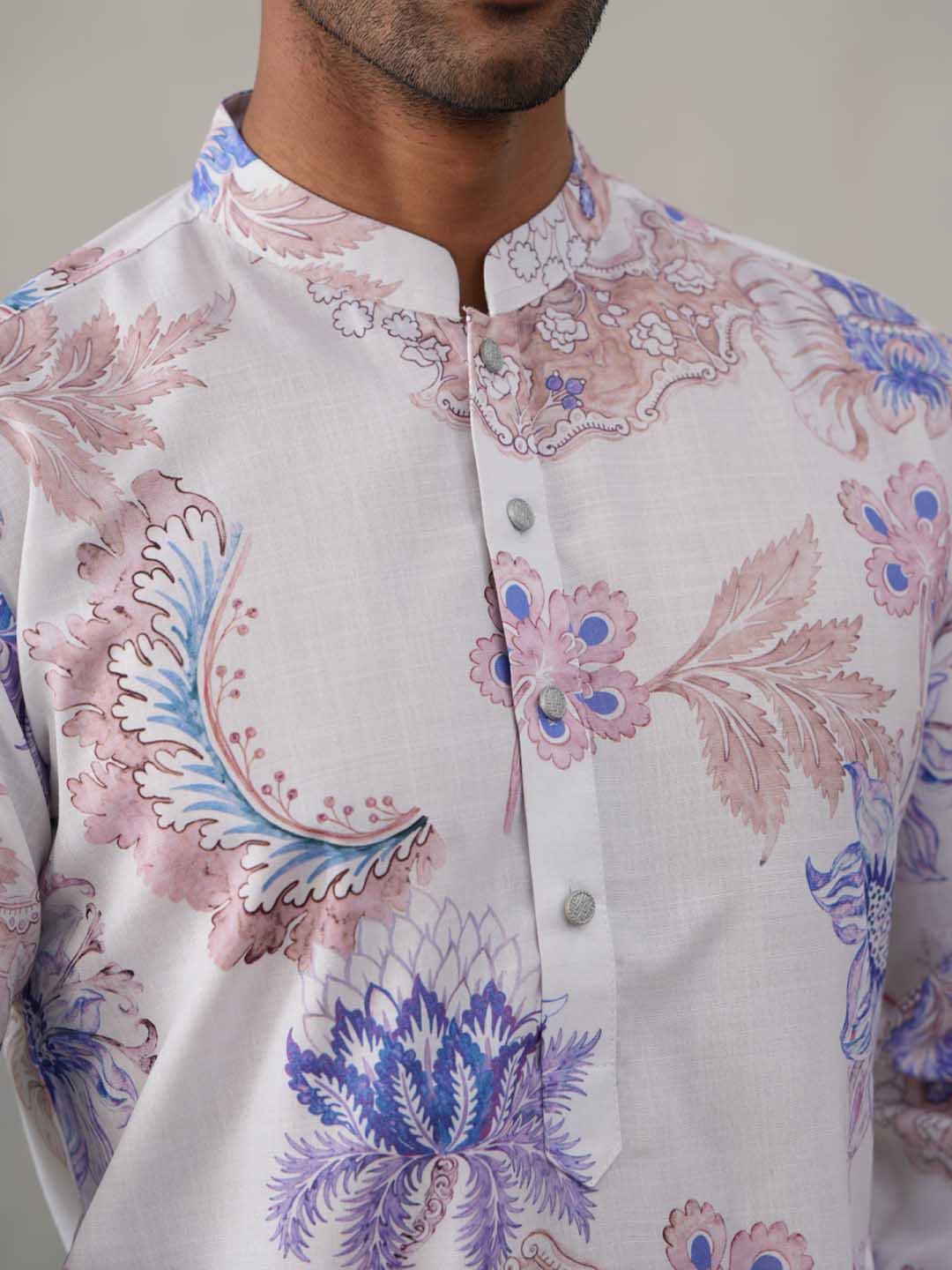 Men's Floral Printed Cotton Straight Kurta (KO 5307 Blue ) [FF] [J-1]