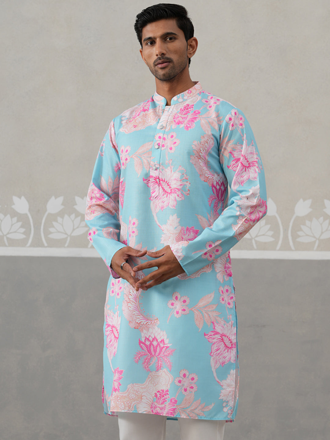 Men's Floral Printed Cotton Straight Kurta ( KO 5307 Sky ) [FF] [J-1]