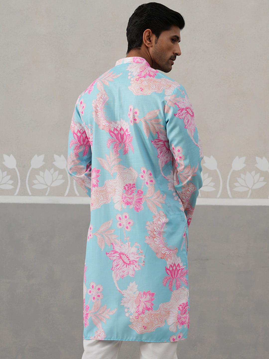 Men's Floral Printed Cotton Straight Kurta ( KO 5307 Sky ) [FF] [J-1]