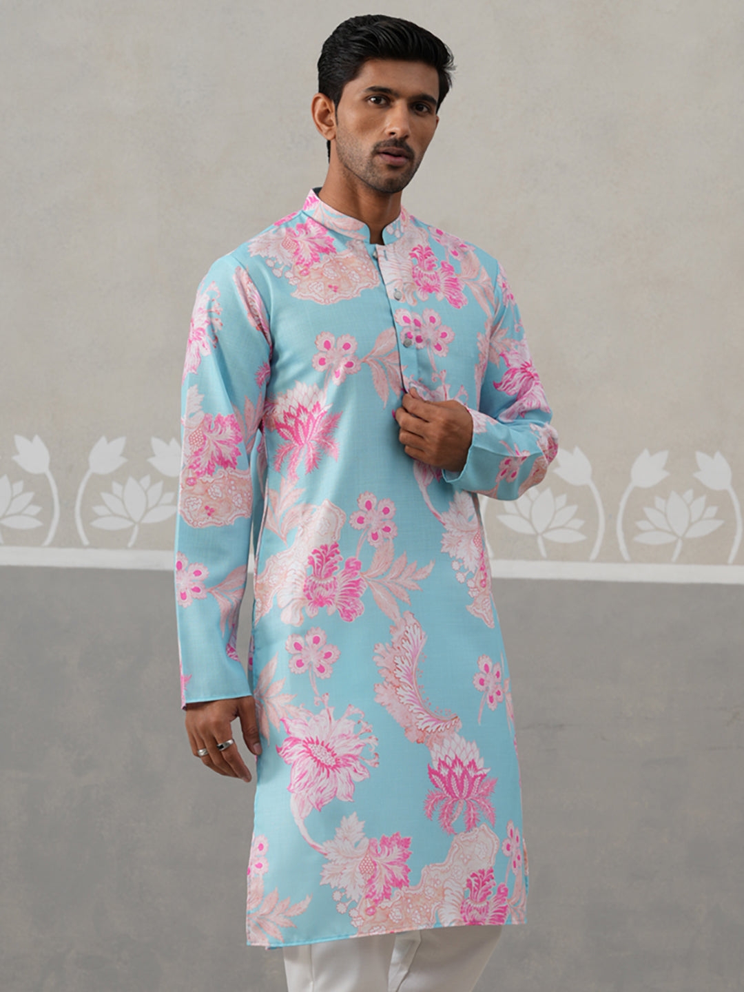 Men's Floral Printed Cotton Straight Kurta ( KO 5307 Sky ) [FF] [J-1]