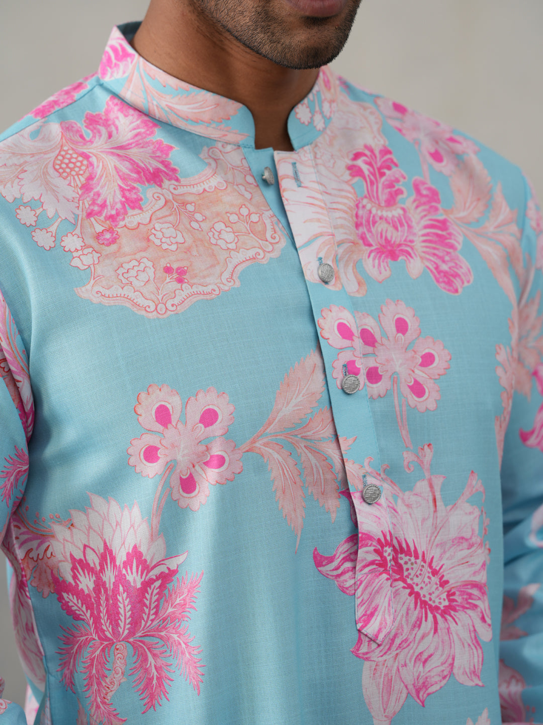 Men's Floral Printed Cotton Straight Kurta ( KO 5307 Sky ) [FF] [J-1]