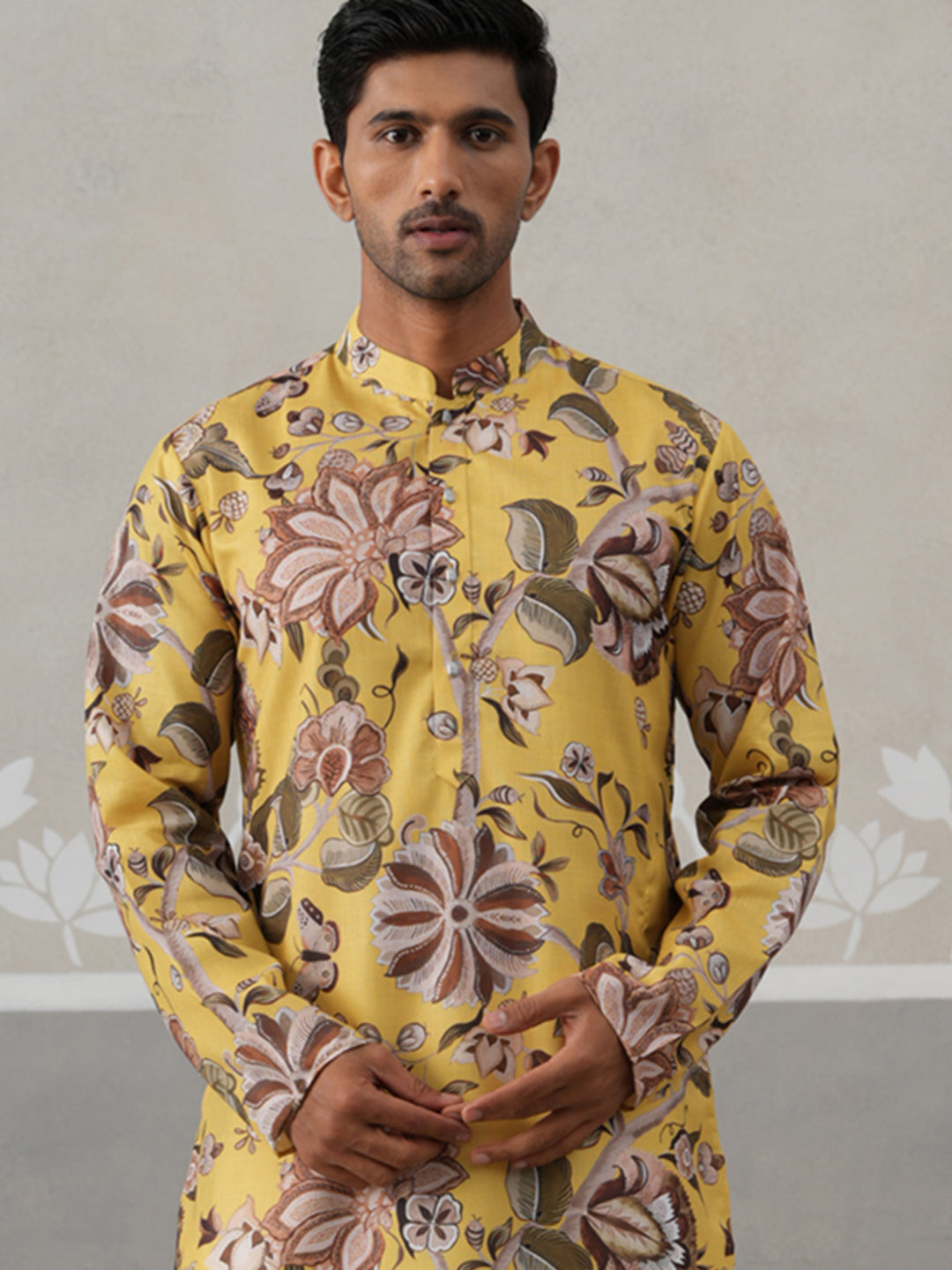 Men's Floral Printed Cotton Straight Kurta (KO 5307 Yellow ) [FF] [J-1]