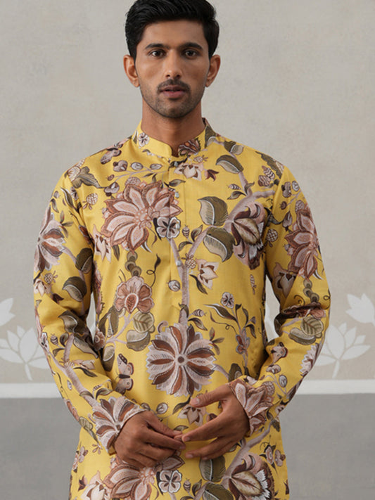 Men's Floral Printed Cotton Straight Kurta (KO 5307 Yellow ) [FF] [J-1]