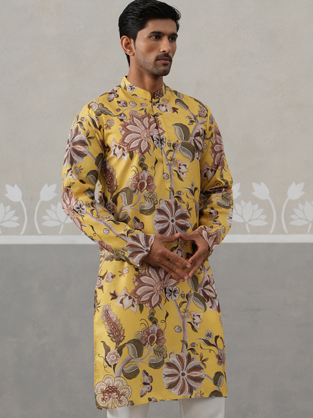 Men's Floral Printed Cotton Straight Kurta (KO 5307 Yellow ) [FF] [J-1]