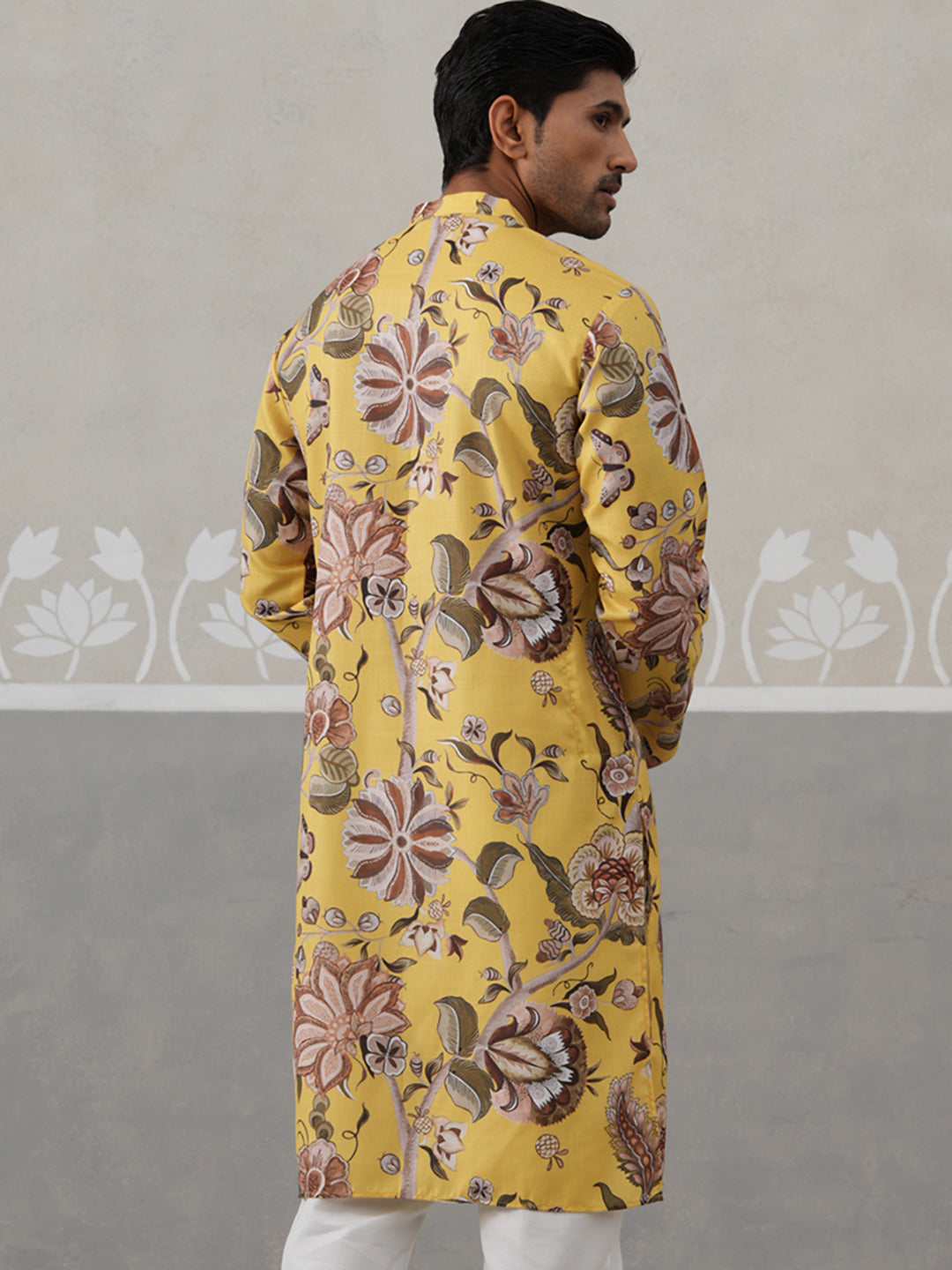 Men's Floral Printed Cotton Straight Kurta (KO 5307 Yellow ) [FF] [J-1]
